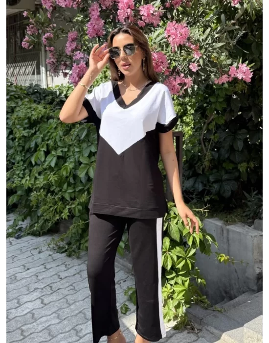 Kadın Kısa Kollu V Yaka Siyah Beyaz Renkli Viskon Iki Iplik Kumaş Eşofman Takımı