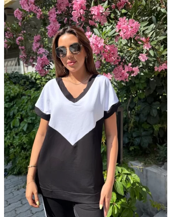 Kadın Kısa Kollu V Yaka Siyah Beyaz Renkli Viskon Iki Iplik Kumaş Eşofman Takımı