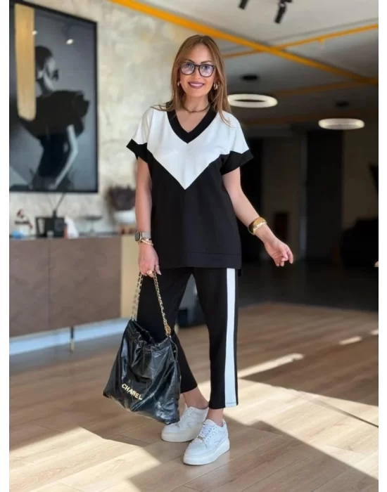 Kadın Kısa Kollu V Yaka Siyah Beyaz Renkli Viskon Iki Iplik Kumaş Eşofman Takımı