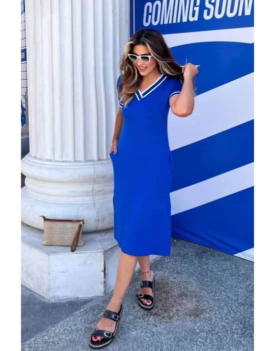 Kadın Kısa Kollu V Yaka Ve Yaka Ribana Detay Midiboy Viskon Elbise