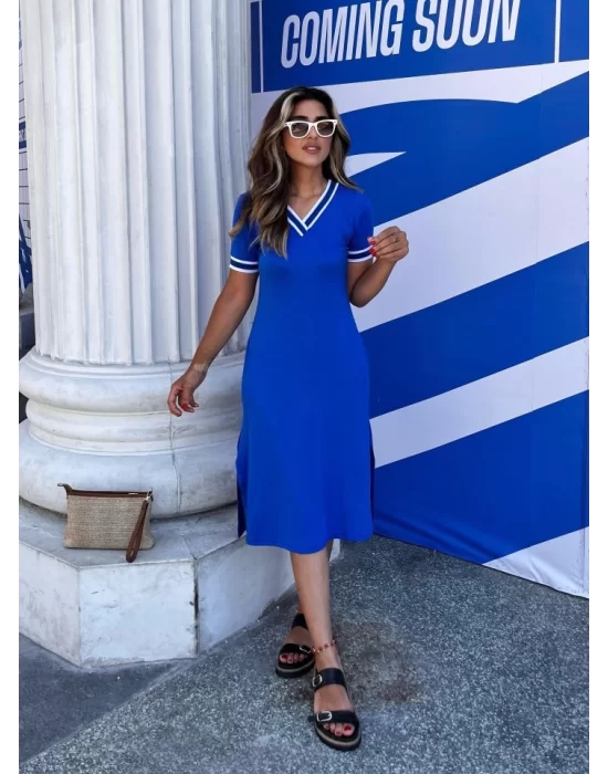 Kadın Kısa Kollu V Yaka Ve Yaka Ribana Detay Midiboy Viskon Elbise