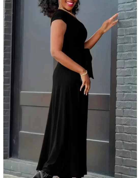 Kadın Kısa Kollu V Yakalı Belden Kuşaklı Maksi Boy Viskon Elbise