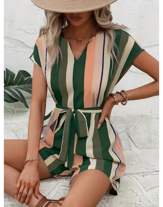 Kadın Kısa Kollu V Yakalı Beli Kuşaklı Keten Tulum