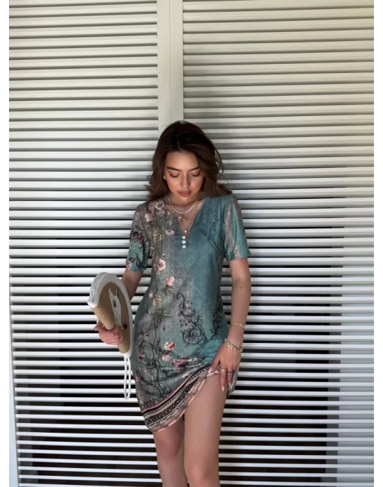 Kadın Kısa Kollu V Yakalı çiçek Baskılı Midi Süprem Elbise