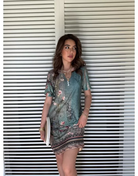 Kadın Kısa Kollu V Yakalı çiçek Baskılı Midi Süprem Elbise