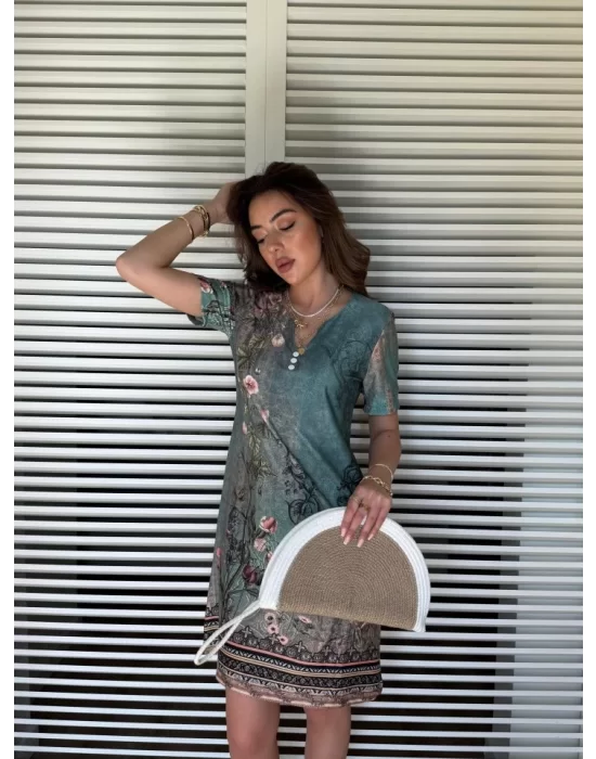 Kadın Kısa Kollu V Yakalı çiçek Baskılı Midi Süprem Elbise