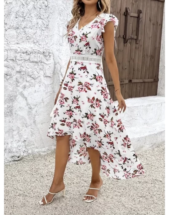 Kadın Kısa Kollu V Yakalı çiçek Desenli önü Kısa Arkası Uzun Süprem Elbise