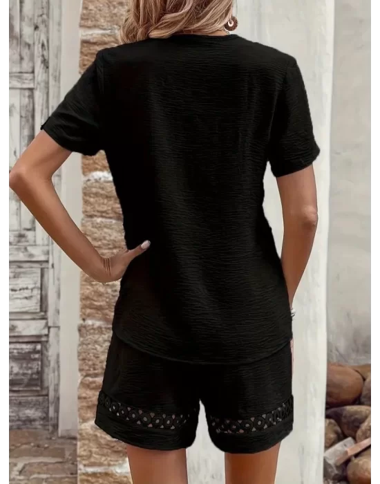 Kadın Kısa Kollu V Yakalı Dantel Detaylı Bürümcük Bluz Ve Short Ikili Takım