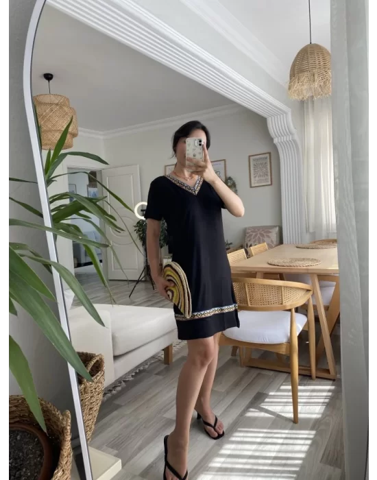 Kadın Kısa Kollu V Yakalı Etnik Desen şerit Detaylı Viskon Elbise