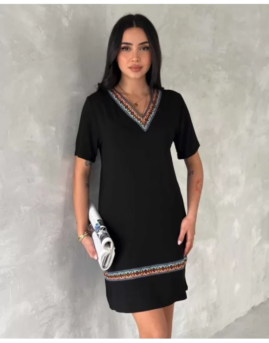 Kadın Kısa Kollu V Yakalı Etnik Desen şerit Detaylı Viskon Elbise