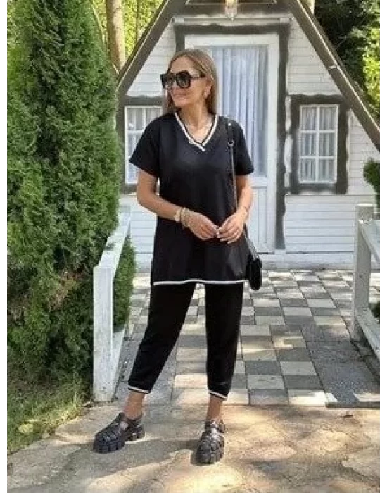 Kadın Kısa Kollu V Yakalı Iki Iplik Bluz Ve Pantolon Ikili Takım