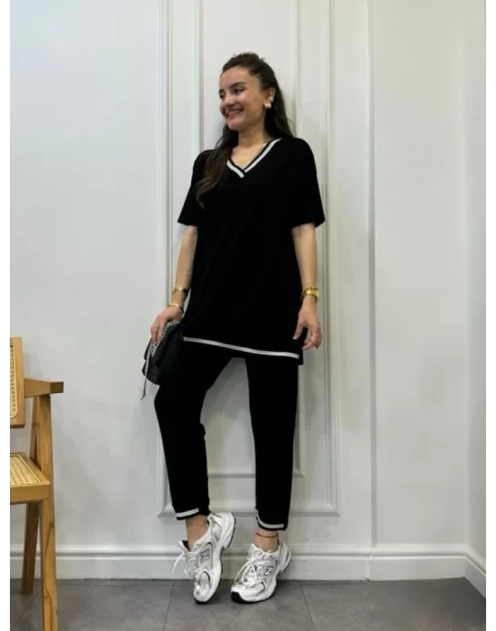 Kadın Kısa Kollu V Yakalı Iki Iplik Bluz Ve Pantolon Ikili Takım
