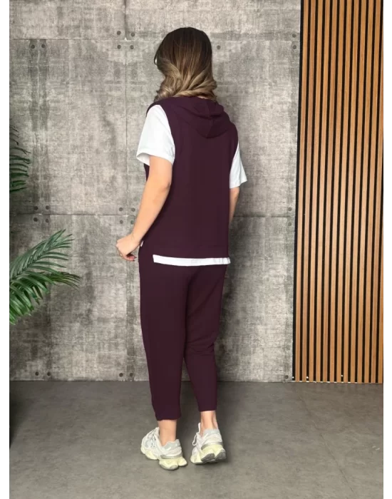 Kadın Kısa Kollu V Yakalı Kapşonlu Viskon Iki Iplik Bluz Ve Pantolon Takım