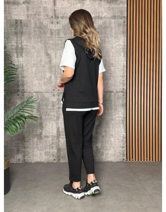 Kadın Kısa Kollu V Yakalı Kapşonlu Viskon Iki Iplik Bluz Ve Pantolon Takım