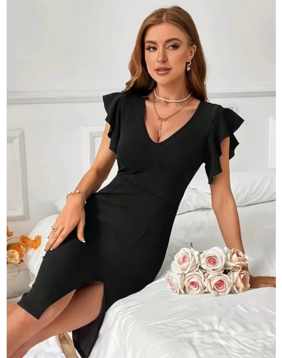 Kadın Kısa Kollu V Yakalı Kolları Volanlı Yandan Yırtmaçlı Kısa Janjan Krep Elbise