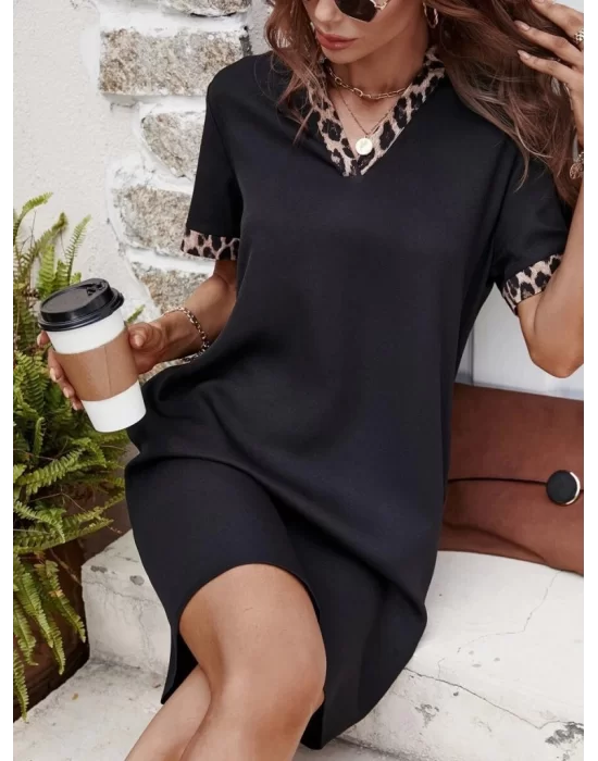 Kadın Kısa Kollu V Yakalı Leopar Desen Detaylı Modal Elbise