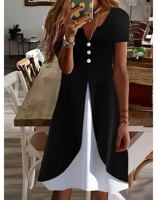 Kadın Kısa Kollu V Yakalı önden Düğmeli çift Renkli Viskon Elbise