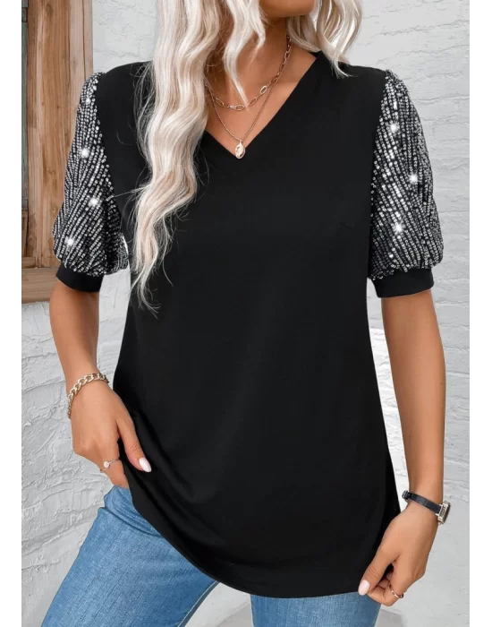 Kadın Kısa Kollu V Yakalı Pul Payet Detaylı Viskon Bluz