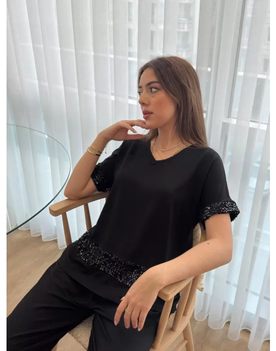 Kadın Kısa Kollu V Yakalı Pul Payetli Viskon Iki Iplik Bluz Ve Pantolon Ikili Takım