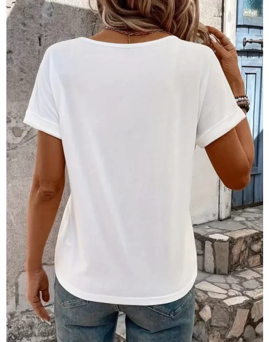 Kadın Kısa Kollu V Yakalı şerit Detaylı Viskon Bluz