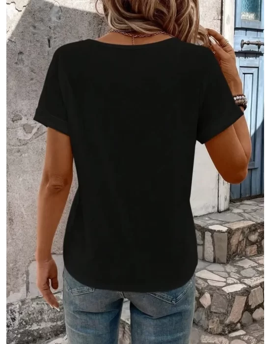 Kadın Kısa Kollu V Yakalı şerit Detaylı Viskon Bluz
