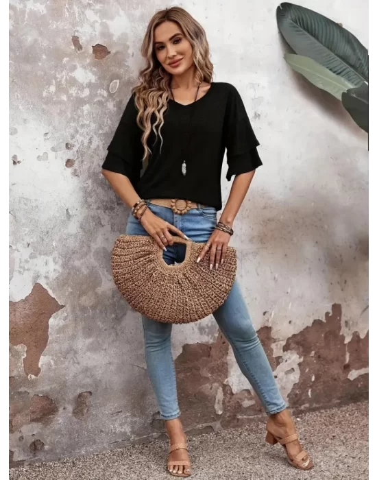 Kadın Kısa Kollu V Yakalı Viskon Bluz