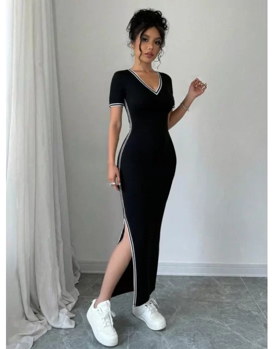 Kadın Kısa Kollu V Yakalı Yandan Yırtmaçlı Viskon Iki Iplik Elbise