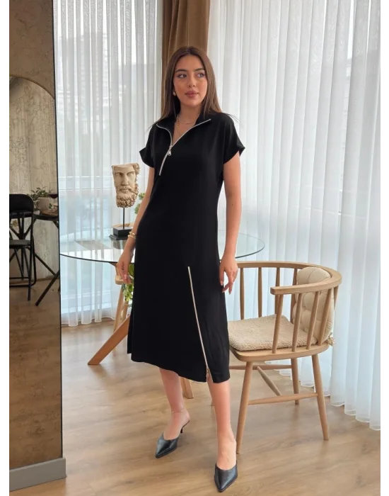 Kadın Kısa Kollu Yakadan Ve Etekten Fermuarlı Midi Viskon Iki Iplik Elbise