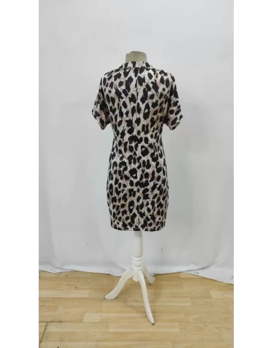 Kadın Kısa Kollu Yakalı Leopar Desenli Süprem Elbise