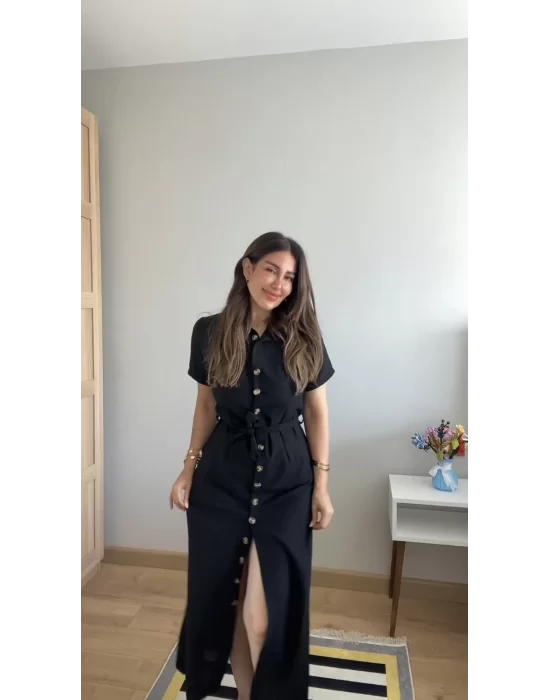Kadın Kısa Kollu Yakalı önden Düğmeli Beli Kuşaklı Ithal Keten Elbise