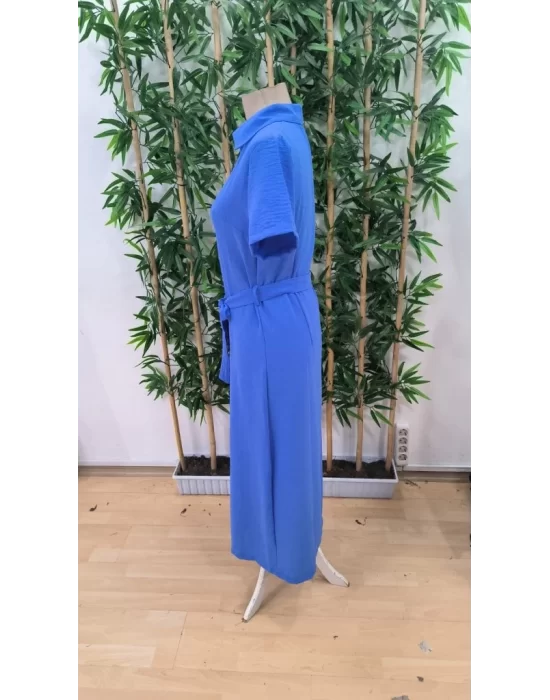 Kadın Kısa Kollu Yakalı önden Düğmeli Beli Kuşaklı Ithal Keten Elbise