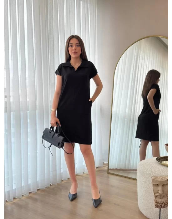 Kadın Kısa Kollu Yakalı Viskon Iki Iplik Elbise