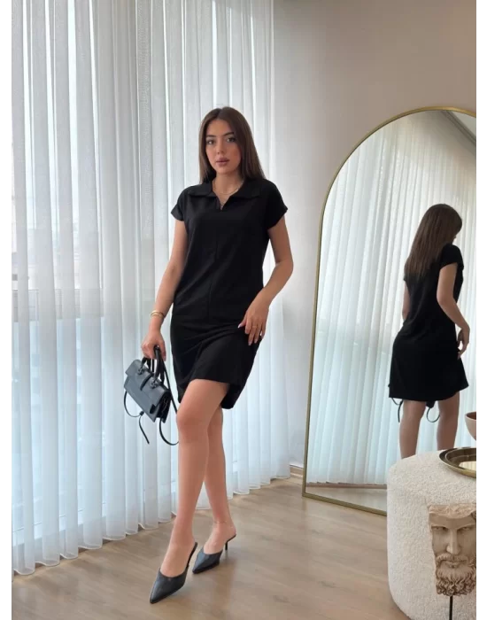 Kadın Kısa Kollu Yakalı Viskon Iki Iplik Elbise
