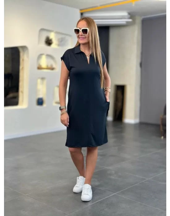 Kadın Kısa Kollu Yakalı Viskon Iki Iplik Elbise