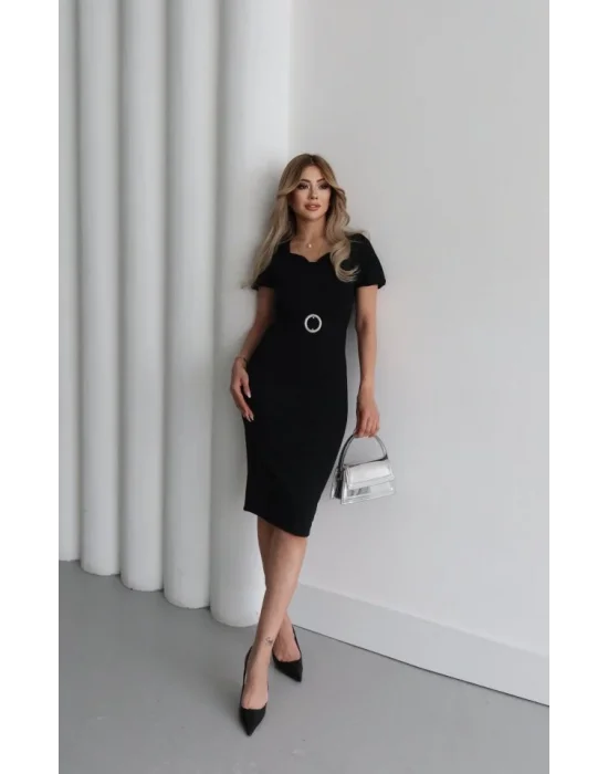 Kadın Kısa Kollu Yakası Açık önden Halka Detaylı Ithal Krep Elbise