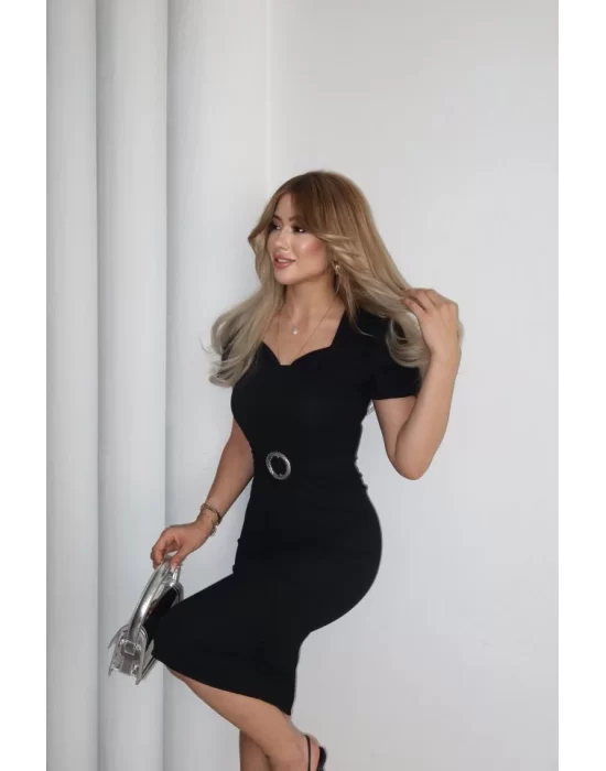 Kadın Kısa Kollu Yakası Açık önden Halka Detaylı Ithal Krep Elbise