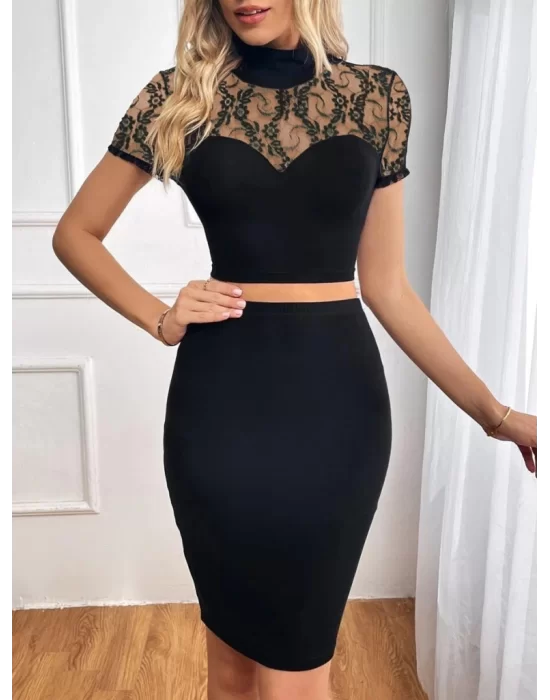 Kadın Kısa Kollu Yarı Balıkçı Yaka Dantelli Straplez Ithal Krep Crop Bluz Ve Etek Ikili Takım