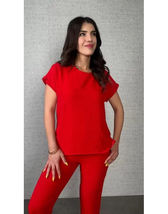 Kadın Kısa Kollu Yuvarlak Yaka Aerobin Bluz Ve Pantolon Ikili Takım