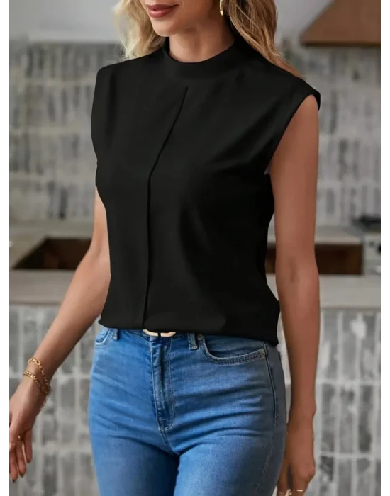 Kadın Kısa Reglan Kollu Yarı Balıkçı Yaka Ithal Krep Bluz