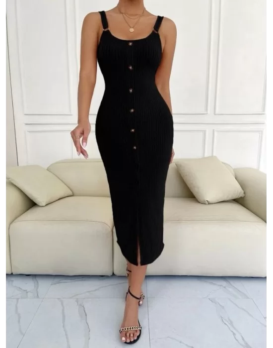 Kadın Kolsuz Askı Halka Detay önü Düğmeli Midi Boy Yırtmaçlı Fitilli Kaşkorse Elbise
