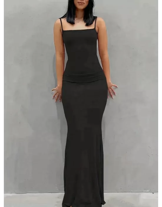 Kadın Kolsuz Askılı Bodycon Uzun Viskon Elbise