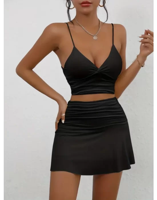 Kadın Kolsuz Askılı Crop Mini Etek Ikili Sandy Takım