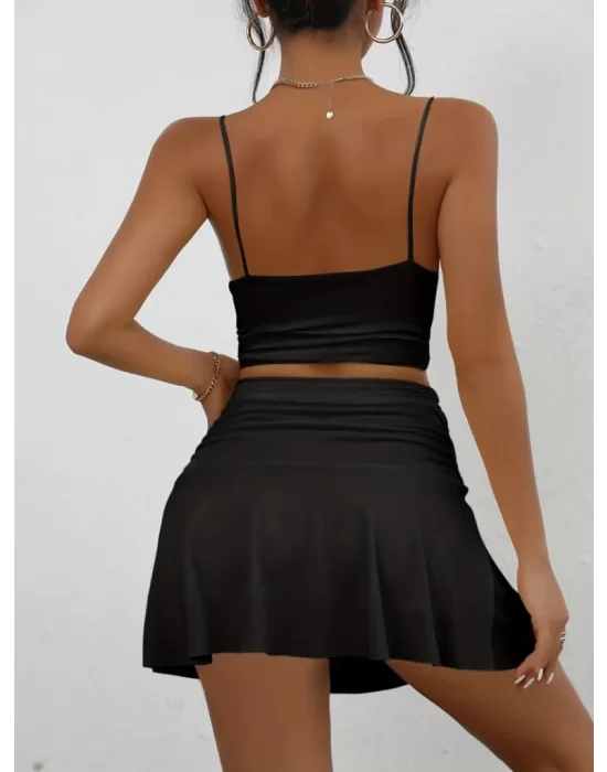 Kadın Kolsuz Askılı Crop Mini Etek Ikili Sandy Takım