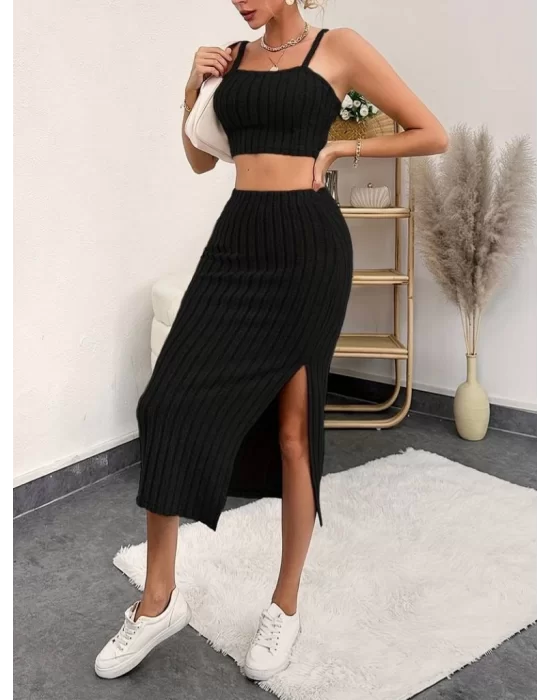 Kadın Kolsuz Askılı Crop Yırtmaçlı Midi Etek Fitilli Kaşkorse Takım