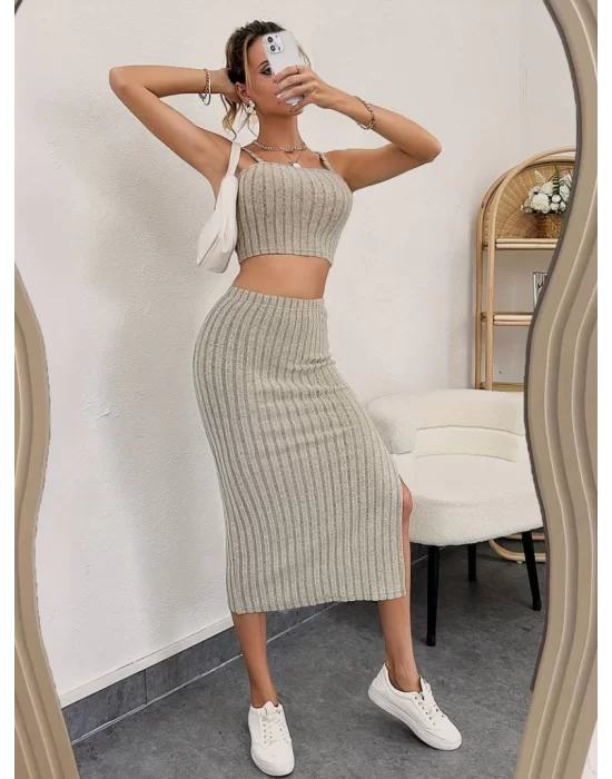 Kadın Kolsuz Askılı Crop Yırtmaçlı Midi Etek Fitilli Kaşkorse Takım