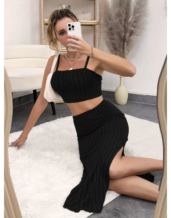 Kadın Kolsuz Askılı Crop Yırtmaçlı Midi Etek Fitilli Kaşkorse Takım