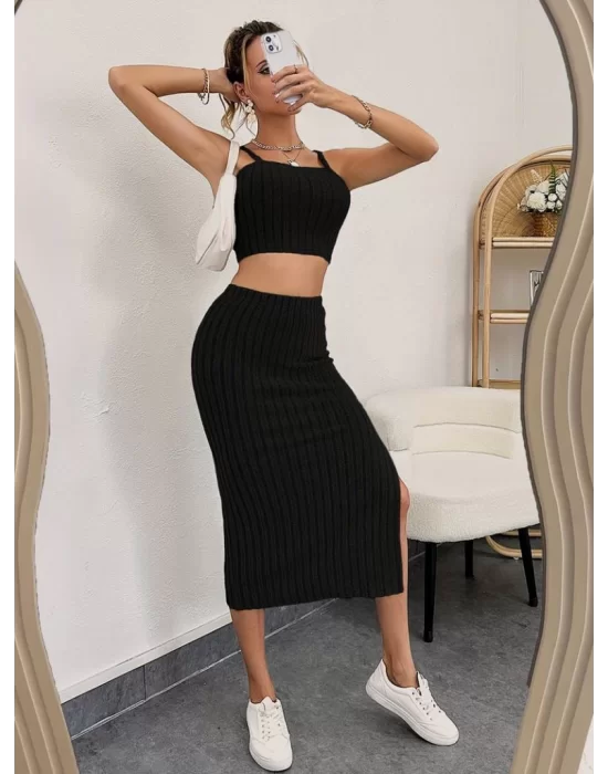 Kadın Kolsuz Askılı Crop Yırtmaçlı Midi Etek Fitilli Kaşkorse Takım