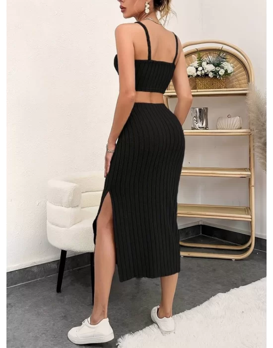 Kadın Kolsuz Askılı Crop Yırtmaçlı Midi Etek Fitilli Kaşkorse Takım