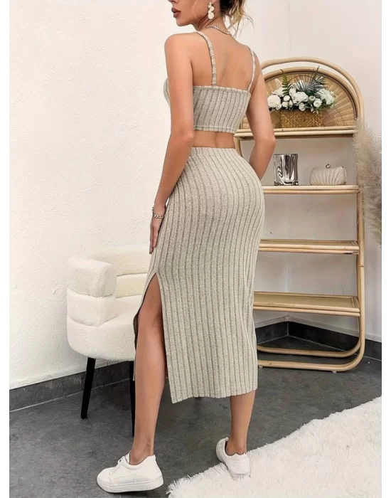 Kadın Kolsuz Askılı Crop Yırtmaçlı Midi Etek Fitilli Kaşkorse Takım