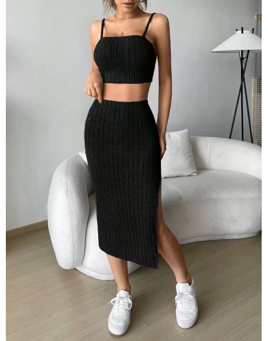 Kadın Kolsuz Askılı Crop Yırtmaçlı Midi Etek Fitilli Kaşkorse Takım